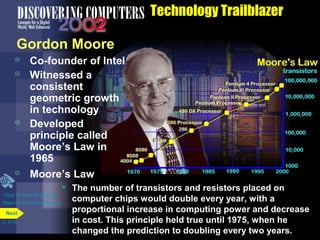  Co-founder of Intel
 Witnessed a
consistent
geometric growth
in technology
 Developed
principle called
Moore’s Law in
1965
Technology Trailblazer
 Moore’s Law
• The number of transistors and resistors placed on
computer chips would double every year, with a
proportional increase in computing power and decrease
in cost. This principle held true until 1975, when he
changed the prediction to doubling every two years.
Gordon Moore
Click to view Web Link
then click Gordon Moore
p. 4.15
Next
 
