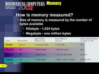 Memory
How is memory measured?
 Size of memory is measured by the number of
bytes available
• Kilobyte - 1,024 bytes
• Megabyte - one million bytes
p. 4.16 Fig. 4-19
Next
 