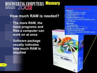  Software package
usually indicates
how much RAM is
required
Memory
 The more RAM, the
more programs and
files a computer can
work on at once
How much RAM is needed?
p. 4.18 Fig. 4-22
Next
 