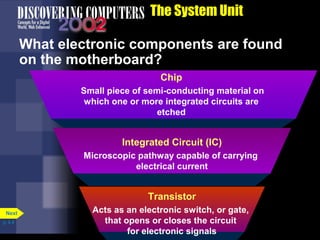 The System Unit
Transistor
Acts as an electronic switch, or gate,
that opens or closes the circuit
for electronic signals
Chip
Small piece of semi-conducting material on
which one or more integrated circuits are
etched
What electronic components are found
on the motherboard?
Integrated Circuit (IC)
Microscopic pathway capable of carrying
electrical current
p. 4.4
Next
 