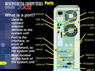Ports
What is a port?
Click to
view
Web
Link then
click Ports
and
Connectors
keyboard
USB
USB
mouse
telephone line
in
game port
monitor
svideo out
network
printer (parallel
port)
cable TV
speaker
serial port
microphone
telephone
line out
FM reception
 Used to
connect
external
devices to the
system unit
 Port is the
interface, or
point of
attachment, to
the system unit
 Most located
on the back of
the system unit
p. 4.25 Fig. 4-32
Next
 