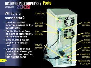 Ports
What is a
connector?
power cord
keyboard
connector
USB
connector
network
connector
mouse
connector
printer
connector
speaker
connector
microphone
connector
telephone line
in connector
monitor
connector
 Used to connect
external devices to the
system unit
 Port is the interface,
or point of attachment,
to the system unit
 Most located on the
back of the system
unit
 Gender changer is a
device that allows you
to join two connectors
that are the same
p. 4.26 Fig. 4-33
Next
 