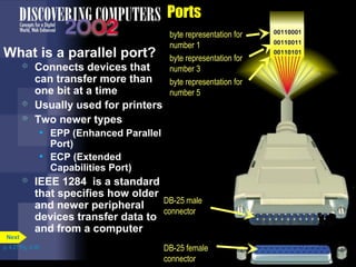 Ports
What is a parallel port?
byte representation for
number 1
byte representation for
number 3
byte representation for
number 5
DB-25 male
connector
DB-25 female
connector
 Connects devices that
can transfer more than
one bit at a time
 Usually used for printers
 Two newer types
• EPP (Enhanced Parallel
Port)
• ECP (Extended
Capabilities Port)
 IEEE 1284 is a standard
that specifies how older
and newer peripheral
devices transfer data to
and from a computer
p. 4.27 Fig. 4-36
Next
 