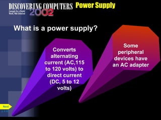 Some
peripheral
devices have
an AC adapter
Power Supply
What is a power supply?
Converts
alternating
current (AC,115
to 120 volts) to
direct current
(DC, 5 to 12
volts)
p. 4.32
Next
 