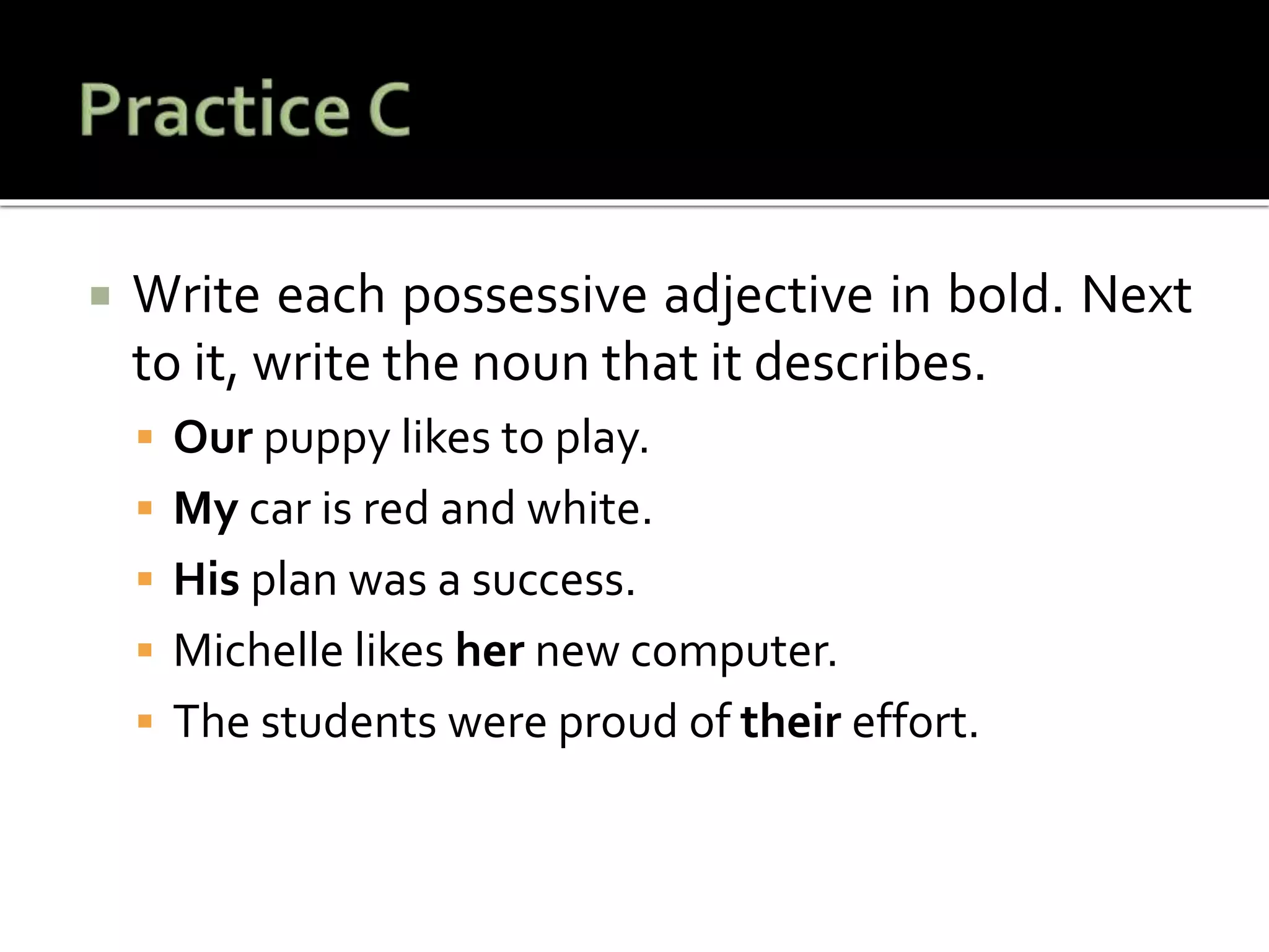  Write each possessive adjective in bold. Next
to it, write the noun that it describes.
 Our puppy likes to play.
 My car is red and white.
 His plan was a success.
 Michelle likes her new computer.
 The students were proud of their effort.
 