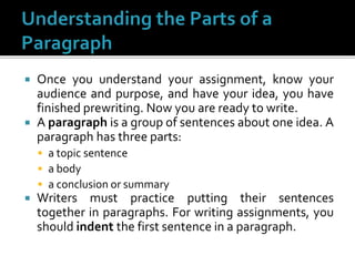 Once you understand your assignment, know your
audience and purpose, and have your idea, you have
finished prewriting. Now you are ready to write.
 A paragraph is a group of sentences about one idea. A
paragraph has three parts:
 a topic sentence
 a body
 a conclusion or summary
 Writers must practice putting their sentences
together in paragraphs. For writing assignments, you
should indent the first sentence in a paragraph.
 