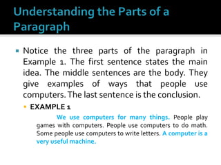  Notice the three parts of the paragraph in
Example 1. The first sentence states the main
idea. The middle sentences are the body. They
give examples of ways that people use
computers.The last sentence is the conclusion.
 EXAMPLE 1
We use computers for many things. People play
games with computers. People use computers to do math.
Some people use computers to write letters. A computer is a
very useful machine.
 
