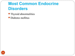 Most Common Endocrine
Disorders
Thyroid abnormalities
Diabetes mellitus
30
 