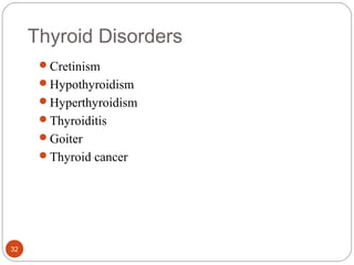 Thyroid Disorders
Cretinism
Hypothyroidism
Hyperthyroidism
Thyroiditis
Goiter
Thyroid cancer
32
 