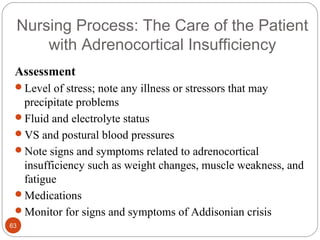 Nursing Process: The Care of the Patient
with Adrenocortical Insufficiency
Assessment
Level of stress; note any illness or stressors that may
precipitate problems
Fluid and electrolyte status
VS and postural blood pressures
Note signs and symptoms related to adrenocortical
insufficiency such as weight changes, muscle weakness, and
fatigue
Medications
Monitor for signs and symptoms of Addisonian crisis
63
 