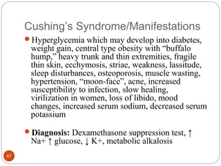 Cushing’s Syndrome/Manifestations
Hyperglycemia which may develop into diabetes,
weight gain, central type obesity with “buffalo
hump,” heavy trunk and thin extremities, fragile
thin skin, ecchymosis, striae, weakness, lassitude,
sleep disturbances, osteoporosis, muscle wasting,
hypertension, “moon-face”, acne, increased
susceptibility to infection, slow healing,
virilization in women, loss of libido, mood
changes, increased serum sodium, decreased serum
potassium
Diagnosis: Dexamethasone suppression test, ↑
Na+ ↑ glucose, ↓ K+, metabolic alkalosis
67
 