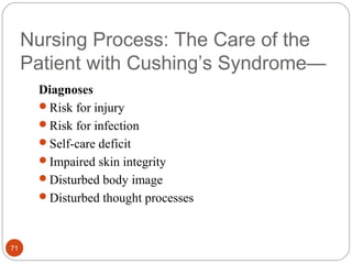 Nursing Process: The Care of the
Patient with Cushing’s Syndrome—
Diagnoses
Risk for injury
Risk for infection
Self-care deficit
Impaired skin integrity
Disturbed body image
Disturbed thought processes
71
 
