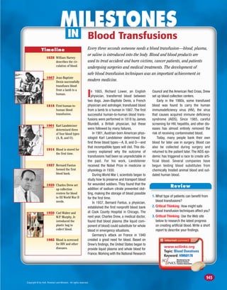 MILESTONES
Blood Transfusions
IN
In 1665, Richard Lower, an English
physician, transferred blood between
two dogs. Jean-Baptiste Denis, a French
physician and astrologer, transfused blood
from a lamb to a human in 1667. The first
successful human-to-human blood trans-
fusions were performed in 1818 by James
Blundell, a British physician, but these
were followed by many failures.
In 1901, Austrian-born American phys-
iologist Karl Landsteiner determined the
first three blood types—A, B, and O—and
that incompatible types will clot. This dis-
covery explained why the outcome of
transfusions had been so unpredictable in
the past. For his work, Landsteiner
received the Nobel Prize in medicine or
physiology in 1930.
During World War I, scientists began to
study how to preserve and transport blood
for wounded soldiers. They found that the
addition of sodium citrate prevented clot-
ting, making the storage of blood possible
for the first time.
In 1937, Bernard Fantus, a physician,
established the first nonprofit blood bank
at Cook County Hospital in Chicago. The
next year, Charles Drew, a medical doctor,
found that blood plasma (the liquid com-
ponent of blood) could substitute for whole
blood in emergency situations.
Germany’s attack on France in 1940
created a great need for blood. Based on
Drew’s findings, the United States began to
provide liquid plasma and whole blood for
France.Working with the National Research
Council and the American Red Cross, Drew
set up blood collection centers.
Early in the 1980s, some transfused
blood was found to carry the human
immunodeficiency virus (HIV), the virus
that causes acquired immune deficiency
syndrome (AIDS). Since 1985, careful
screening for HIV, hepatitis, and other dis-
eases has almost entirely removed the
risk of receiving contaminated blood.
Today, many people bank their own
blood for later use in surgery. Blood can
also be collected during surgery and
returned to the patient later. The AIDS epi-
demic has triggered a race to create arti-
ficial blood. Several companies have
begun testing blood substitutes from
chemically treated animal blood and out-
dated human blood.
1. What type of patients can benefit from
blood transfusions?
2. Critical Thinking How might safe
blood transfusion techniques affect you?
3. Critical Thinking Use the Web site
below to research the latest progress
on creating artificial blood. Write a short
report to describe your findings.
Every three seconds someone needs a blood transfusion—blood, plasma,
or saline is introduced into the body. Blood and blood products are
used to treat accident and burn victims, cancer patients, and patients
undergoing surgeries and medical treatments. The development of
safe blood transfusion techniques was an important achievement in
modern medicine.
Review
www.scilinks.org
Topic: Blood Donations
Keyword: HM60178
945
Timeline
1818 First human-to-
human blood
transfusion.
1901 Karl Landsteiner
determined three
of four blood types
(A, B, and O).
1914 Blood is stored for
the first time.
1937 Bernard Fantus
formed the first
blood bank.
1939 Charles Drew set
up collection
centers for blood
to fill World War II
needs.
1950 Carl Walter and
W.P. Murphy, Jr.
introduced the
plastic bag to
collect blood.
1985 Blood is screened
for HIV and other
diseases.
1628 William Harvey
describes the cir-
culation of blood.
1667 Jean-Baptiste
Denis successfully
transfuses blood
from a lamb to a
human.
Copyright © by Holt, Rinehart and Winston. All rights reserved.
 
