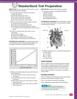 953
C I R C U L AT O R Y A N D R E S P I R AT O R Y S Y S T E M S
Standardized Test Preparation
DIRECTIONS: Choose the letter of the answer choice
that best answers the question.
1. In what direction does blood move during
ventricular systole?
A. from the atria to the veins
B. from the ventricles to the atria
C. from the atria to the ventricles
D. from the ventricles to the arteries
2. What is the function of the lymphatic system?
F. It opens two-way vessels.
G. It helps the body fight infections.
H. It interacts with the respiratory system.
J. It transports intercellular fluid away from the
heart.
3. Fibrin is a protein that does which of the
following?
A. transports oxygen
B. helps form a blood clot
C. destroys invading microorganisms
D. stimulates the production of antibodies
INTERPRETING GRAPHICS: The graph below shows
how systolic pressure is affected by salt intake. Use
the graph to answer the question that follows.
4. What is the relationship between salt intake and
blood pressure?
F. As salt intake increases, blood pressure
increases.
G. As salt intake increases, blood pressure
decreases.
H. Salt intake of 20 g per day results in stable
blood pressure.
J. Salt intake of 30 g per day results in stable
blood pressure.
DIRECTIONS: Complete the following analogy.
5. superior vena cava : deoxygenated blood ::
pulmonary veins :
A. type A blood
B. type B blood
C. oxygenated blood
D. deoxygenated blood
INTERPRETING GRAPHICS: The model below shows
a cross section of the heart. Use the model to answer
the question that follows.
6. Which numbers point to vessels that bring blood
into the heart?
F. 1, 4, and 7
G. 1, 5, and 6
H. 4, 5, and 6
J. 5 and 6 only
SHORT RESPONSE
Even a small increase or decrease in blood volume
has an effect on blood pressure. When an accident
victim suffers significant blood loss, the person is
transfused with plasma rather than whole blood.
Why is plasma effective in meeting the immediate
threat to life?
EXTENDED RESPONSE
Polio is a disease that paralyzes muscles by affecting
the nerves that make the muscles move.
Part A List muscles involved in breathing.
Part B Explain how polio might affect breathing.
Slow, deep breathing helps a
person relax. If you suffer from test anxiety, focus on
your breathing in order to calm down.
Systolic
pressure
(mm
Hg)
Daily salt intake (g)
110
0
0 10 20 30
120
130
140
150
160
170
1
2
3
4
9
8
7
6
5
Right lung Left lung
Copyright © by Holt, Rinehart and Winston. All rights reserved.
 