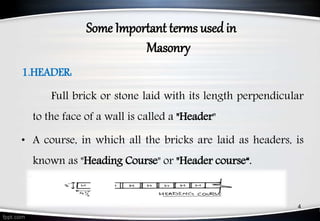 Some Important terms used in
Masonry
1.HEADER:
Full brick or stone laid with its length perpendicular
to the face of a wall is called a "Header"
• A course, in which all the bricks are laid as headers, is
known as "Heading Course" or "Header course“.
4
 