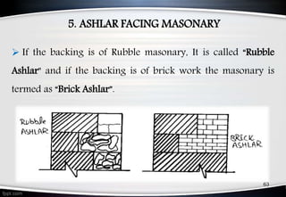 5. ASHLAR FACING MASONARY
63
 If the backing is of Rubble masonary, It is called “Rubble
Ashlar" and if the backing is of brick work the masonary is
termed as “Brick Ashlar”.
 