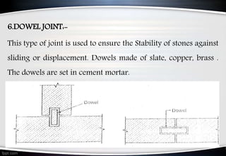 6.DOWEL JOINT:-
This type of joint is used to ensure the Stability of stones against
sliding or displacement. Dowels made of slate, copper, brass .
The dowels are set in cement mortar.
70
 