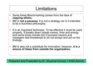 Limitations
• Some times Benchmarking comes from the idea of
copying others.
• BM is not a panacea. It is not a strategy nor is it intended
to be a business philosophy.
• It is an important technique. To be effective it must be used
properly. It breaks down (waste money, time and energy
and some times morale too) if process owners and
managers feel threatened or do not accept and act on the
findings.
• BM is also not a substitute for innovation: however, it is a
source of ideas from outside the organization.
Prepared and Presented by Dr. Shyamal Gomes // XISS-Ranchi
 