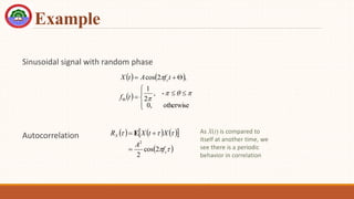 Example
Sinusoidal signal with random phase
Autocorrelation
   
 












otherwise
,
0
-
,
2
1
,
2
cos





t
f
t
f
A
t
X c
     
 
 





c
X
f
A
X
t
X
R
2
cos
2
2


 E As X(t) is compared to
itself at another time, we
see there is a periodic
behavior in correlation
 