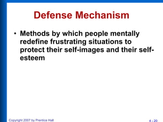 Defense Mechanism Methods by which people mentally redefine frustrating situations to protect their self-images and their self-esteem 