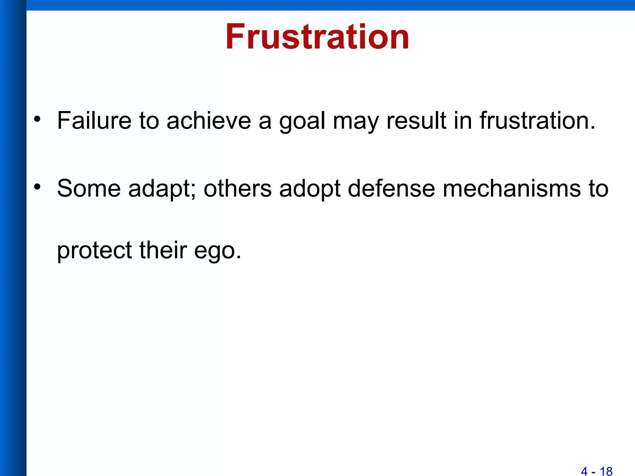 4 - 18
Frustration
• Failure to achieve a goal may result in frustration.
• Some adapt; others adopt defense mechanisms to
protect their ego.
 