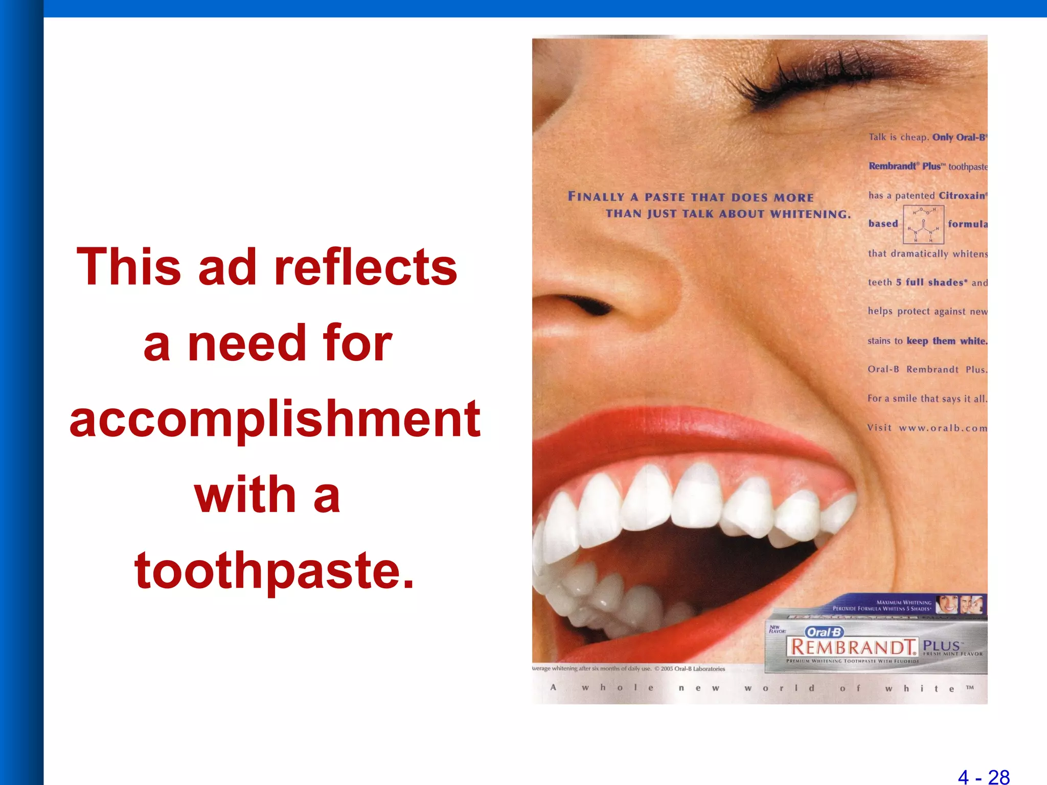 4 - 28
This ad reflects
a need for
accomplishment
with a
toothpaste.
 
