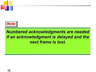 10.
Numbered acknowledgments are needed
if an acknowledgment is delayed and the
next frame is lost.
Note
 