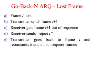 Go-Back-N ARQ - Lost Frame
a) Frame i lost
b) Transmitter sends frame i+1
c) Receiver gets frame i+1 out of sequence
d) Receiver sends “reject i”
e) Transmitter goes back to frame i and
retransmits it and all subsequent frames
 