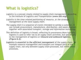 What is logistics?
Logistics is a concept closely related to supply chain management. According
to the Institute of Logist...