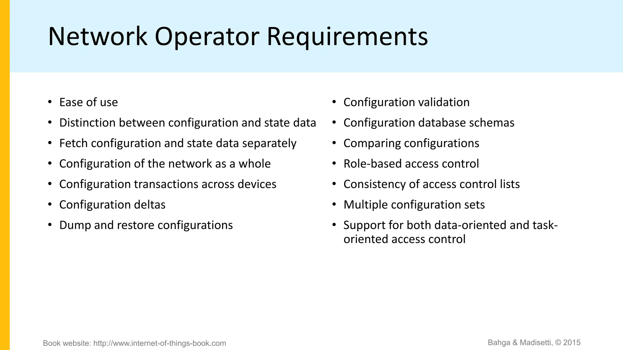 Network Operator Requirements
• Ease of use
• Distinction between configuration and state data
• Fetch configuration and state data separately
• Configuration of the network as a whole
• Configuration transactions across devices
• Configuration deltas
• Dump and restore configurations
Bahga & Madisetti, © 2015
Book website: http://www.internet-of-things-book.com
• Configuration validation
• Configuration database schemas
• Comparing configurations
• Role-based access control
• Consistency of access control lists
• Multiple configuration sets
• Support for both data-oriented and task-
oriented access control
 