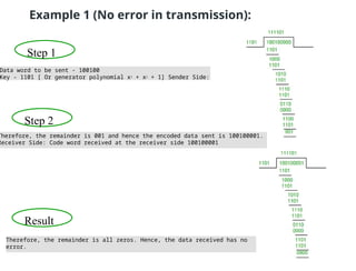 Example 1 (No error in transmission):
Data word to be sent - 100100
Key - 1101 [ Or generator polynomial x3
+ x2
+ 1] Sender Side:
Therefore, the remainder is 001 and hence the encoded data sent is 100100001.
Receiver Side: Code word received at the receiver side 100100001
Step 1
Step 2
Therefore, the remainder is all zeros. Hence, the data received has no
error.
Result
 