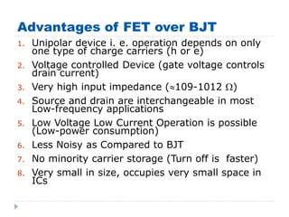 Advantages of FET over BJT
1. Unipolar device i. e. operation depends on only
one type of charge carriers (h or e)
2. Voltage controlled Device (gate voltage controls
drain current)
3. Very high input impedance (109-1012 )
4. Source and drain are interchangeable in most
Low-frequency applications
5. Low Voltage Low Current Operation is possible
(Low-power consumption)
6. Less Noisy as Compared to BJT
7. No minority carrier storage (Turn off is faster)
8. Very small in size, occupies very small space in
ICs
 