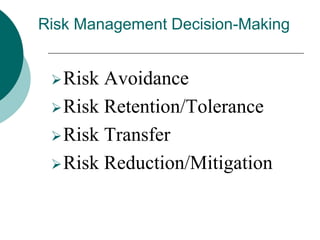 Risk Management Decision-Making
Risk Avoidance
Risk Retention/Tolerance
Risk Transfer
Risk Reduction/Mitigation
 