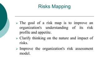 Risks Mapping
 The goal of a risk map is to improve an
organization's understanding of its risk
profile and appetite.
 Clarify thinking on the nature and impact of
risks.
 Improve the organization's risk assessment
model.
 
