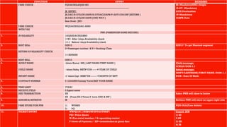 FUNCTION ENTRY REMARKS
FARE CHECK FQDACKUL20JAN-BG
-----------------------------------------------------------------------------
JR ENTRY:
JR.DAC/S-OYLON15APR/S-OYDAC20APR/P-ADT1C091INF [RETURN ]
JR.DAC/S-OYLON15APR [ONE WAY ]
Seat Avail : JR01
JR.MandatoryDAC-Origin
/S-OY -Mandatory
LON:Destination
/P-Mandatory
15APR-Date
FARE CHECK
WITH TAX
WQDACKULDAC-AMH
PNR (PASSENGER NAME RECORD)
1. AVAILABILITY 120JANDACKUL¥BG
1¤¥1 After 1days Availability check
1¤-1 Before 1days Availability check
2. SEAT SELL 02N13
2=Passenger number & N = Booking Class
02N13* To get Married segment
RETURN AVAILABILITY CHECK
1¤ R25MAR
3. SEAT SELL 02N13
4. ADULT NAME
CHILD NAME
INFANT NAME
-Islam/Kamal MR [ LAST NAME/FIRST NAME ]
- Islam/Rafiq MSTR*C08 -----→ YEAR OF CHILD
-I/ Islam/Lipi MISS*I08 -------→ MONTH OF INFT
Child message:
3CHLD/DOB-2.1
Infant message:
3INFT/LASTNAME/FIRST NAME /DOB-1.1
DOB : Date Of Birth
5. CONTACT NUMBER 9 12344556Fantasy Travel REF YOUR NAME
6. TIME LIMIT 7TAW/
7. RECEIVE FIELD 6 Agent name
8. END TRANSACTION ER
ER (Press ER 2 Times If have CHD & INF )
Sabre PNR will show in below
9. IGNORE & RETRIEVE IR Airlines PNR will show on upper right side
10. FARE STORE FOM PNR 1) WPABG
2) PQ
PQD-ALL(Fare delete)
11. TICKET ENTRY W¥PQ1N1.1¥ABG¥FINVAGT¥KP7
PQ= Price Quote
N=Pax serial number / A=operating carrier
F=form of Payment / KP=commission on gross fare
Cancel ITN
1) XI
2 )6S
3) ER
4) IR
 