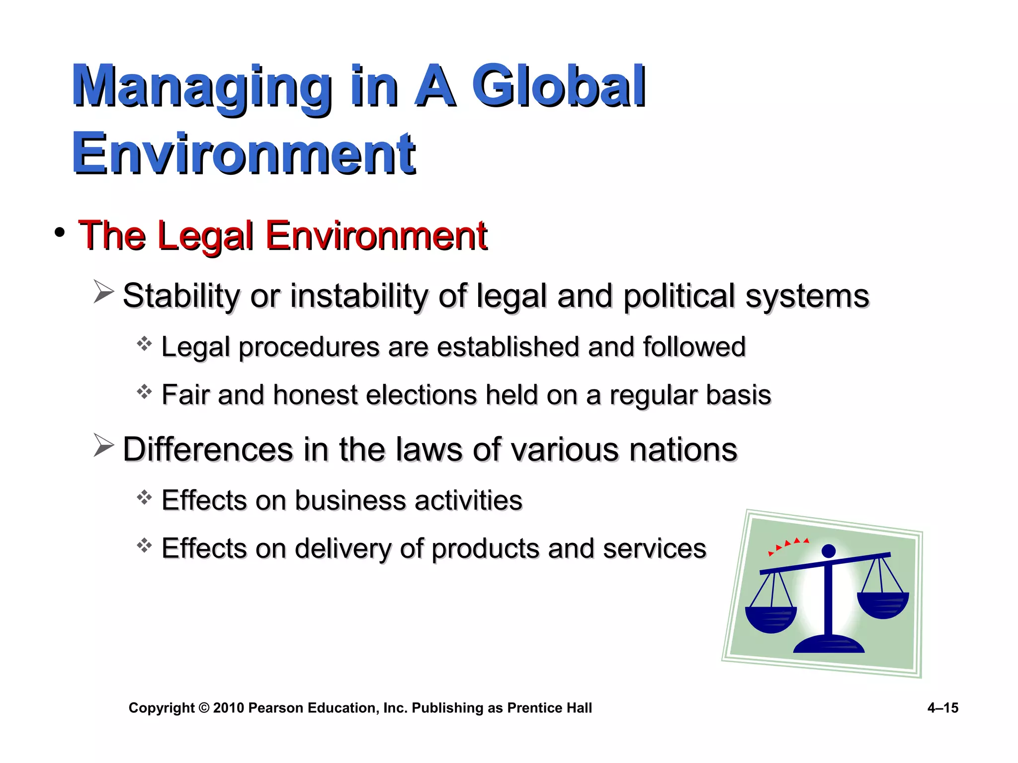 Copyright © 2010 Pearson Education, Inc. Publishing as Prentice Hall 4–15
Managing in A GlobalManaging in A Global
EnvironmentEnvironment
• The Legal EnvironmentThe Legal Environment
 Stability or instability of legal and political systemsStability or instability of legal and political systems
 Legal procedures are established and followedLegal procedures are established and followed
 Fair and honest elections held on a regular basisFair and honest elections held on a regular basis
 Differences in the laws of various nationsDifferences in the laws of various nations
 Effects on business activitiesEffects on business activities
 Effects on delivery of products and servicesEffects on delivery of products and services
 