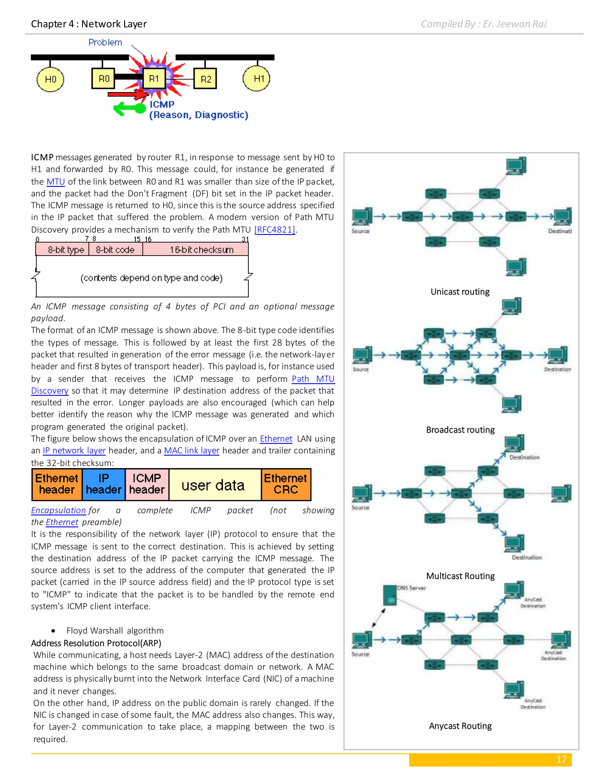 Chapter 4 : Network Layer Compiled By : Er. Jeewan Rai
17
ICMP messages generated by router R1, in response to message sent by H0 to
H1 and forwarded by R0. This message could, for instance be generated if
the MTU of the link between R0 and R1 was smaller than size of the IP packet,
and the packet had the Don't Fragment (DF) bit set in the IP packet header.
The ICMP message is returned to H0, since this is the source address specified
in the IP packet that suffered the problem. A modern version of Path MTU
Discovery provides a mechanism to verify the Path MTU [RFC4821].
An ICMP message consisting of 4 bytes of PCI and an optional message
payload.
The format of an ICMP message is shown above. The 8-bit type code identifies
the types of message. This is followed by at least the first 28 bytes of the
packet that resulted in generation of the error message (i.e. the network-layer
header and first 8 bytes of transport header). This payload is, for instance used
by a sender that receives the ICMP message to perform Path MTU
Discovery so that it may determine IP destination address of the packet that
resulted in the error. Longer payloads are also encouraged (which can help
better identify the reason why the ICMP message was generated and which
program generated the original packet).
The figure below shows the encapsulation of ICMP over an Ethernet LAN using
an IP network layer header, and a MAC link layer header and trailer containing
the 32-bit checksum:
Encapsulation for a complete ICMP packet (not showing
the Ethernet preamble)
It is the responsibility of the network layer (IP) protocol to ensure that the
ICMP message is sent to the correct destination. This is achieved by setting
the destination address of the IP packet carrying the ICMP message. The
source address is set to the address of the computer that generated the IP
packet (carried in the IP source address field) and the IP protocol type is set
to "ICMP" to indicate that the packet is to be handled by the remote end
system's ICMP client interface.
 Floyd Warshall algorithm
Address Resolution Protocol(ARP)
While communicating, a host needs Layer-2 (MAC) address of the destination
machine which belongs to the same broadcast domain or network. A MAC
address is physically burnt into the Network Interface Card (NIC) of amachine
and it never changes.
On the other hand, IP address on the public domain is rarely changed. If the
NIC is changed in case of some fault, the MAC address also changes. This way,
for Layer-2 communication to take place, a mapping between the two is
required.
Unicast routing
Broadcast routing
Multicast Routing
Anycast Routing
 