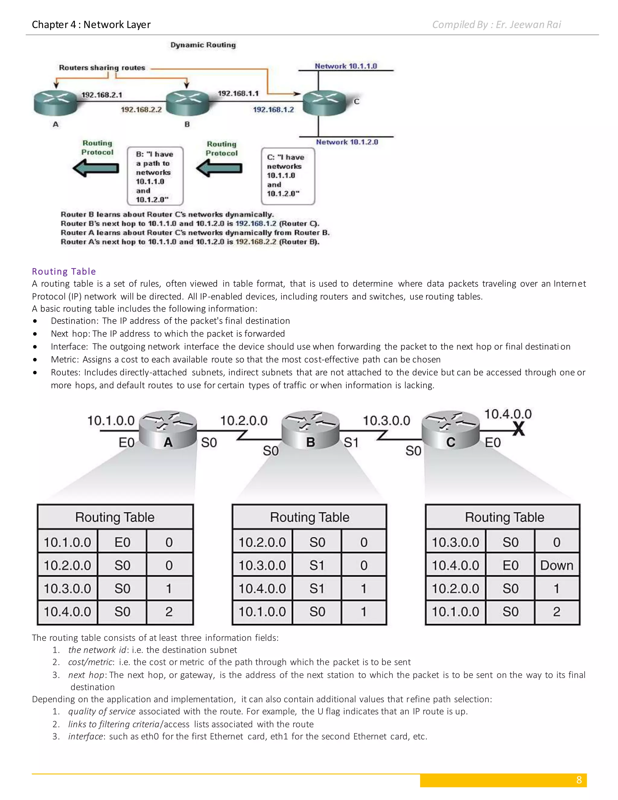 Chapter 4 : Network Layer Compiled By : Er. Jeewan Rai
8
Routing Table
A routing table is a set of rules, often viewed in table format, that is used to determine where data packets traveling over an Internet
Protocol (IP) network will be directed. All IP-enabled devices, including routers and switches, use routing tables.
A basic routing table includes the following information:
 Destination: The IP address of the packet's final destination
 Next hop: The IP address to which the packet is forwarded
 Interface: The outgoing network interface the device should use when forwarding the packet to the next hop or final destination
 Metric: Assigns a cost to each available route so that the most cost-effective path can be chosen
 Routes: Includes directly-attached subnets, indirect subnets that are not attached to the device but can be accessed through one or
more hops, and default routes to use for certain types of traffic or when information is lacking.
The routing table consists of at least three information fields:
1. the network id: i.e. the destination subnet
2. cost/metric: i.e. the cost or metric of the path through which the packet is to be sent
3. next hop: The next hop, or gateway, is the address of the next station to which the packet is to be sent on the way to its final
destination
Depending on the application and implementation, it can also contain additional values that refine path selection:
1. quality of service associated with the route. For example, the U flag indicates that an IP route is up.
2. links to filtering criteria/access lists associated with the route
3. interface: such as eth0 for the first Ethernet card, eth1 for the second Ethernet card, etc.
 