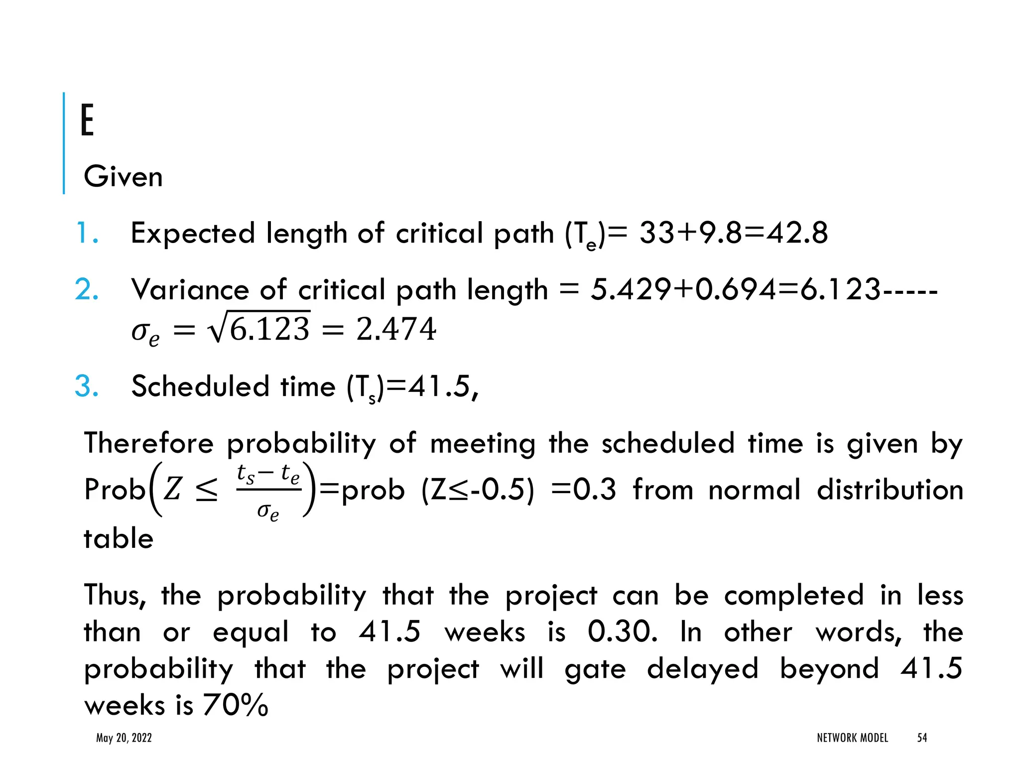 E
Given
1. Expected length of critical path (Te)= 33+9.8=42.8
2. Variance of critical path length = 5.429+0.694=6.123-----
𝜎𝑒 = 6.123 = 2.474
3. Scheduled time (Ts)=41.5,
Therefore probability of meeting the scheduled time is given by
Prob 𝑍 ≤
𝑡𝑠− 𝑡𝑒
𝜎𝑒
=prob (Z≤-0.5) =0.3 from normal distribution
table
Thus, the probability that the project can be completed in less
than or equal to 41.5 weeks is 0.30. In other words, the
probability that the project will gate delayed beyond 41.5
weeks is 70%
May 20, 2022 NETWORK MODEL 54
 