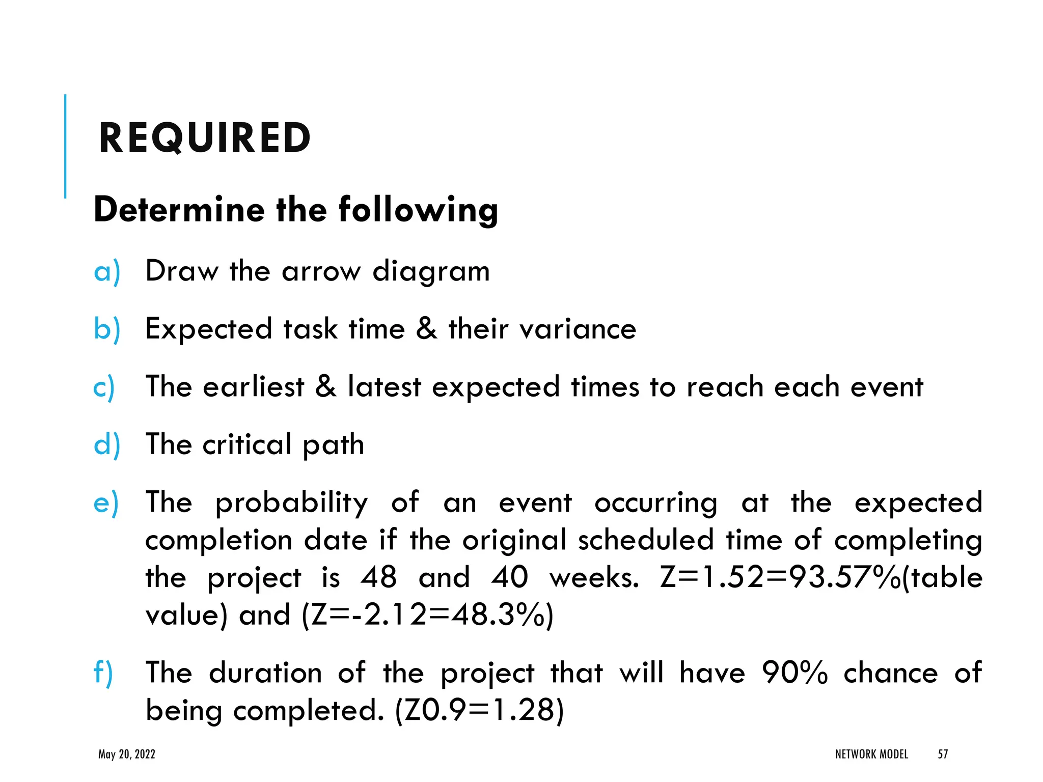 REQUIRED
Determine the following
a) Draw the arrow diagram
b) Expected task time & their variance
c) The earliest & latest expected times to reach each event
d) The critical path
e) The probability of an event occurring at the expected
completion date if the original scheduled time of completing
the project is 48 and 40 weeks. Z=1.52=93.57%(table
value) and (Z=-2.12=48.3%)
f) The duration of the project that will have 90% chance of
being completed. (Z0.9=1.28)
May 20, 2022 NETWORK MODEL 57
 