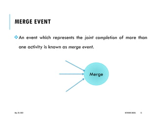 MERGE EVENT
❖An event which represents the joint completion of more than
one activity is known as merge event.
May 20, 2022 NETWORK MODEL 13
Merge
 