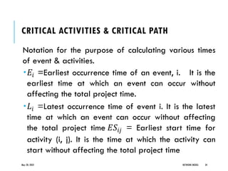 CRITICAL ACTIVITIES & CRITICAL PATH
Notation for the purpose of calculating various times
of event & activities.
𝐸𝑖 =Earliest occurrence time of an event, i. It is the
earliest time at which an event can occur without
affecting the total project time.
𝐿𝑖 =Latest occurrence time of event i. It is the latest
time at which an event can occur without affecting
the total project time 𝐸𝑆𝑖𝑗 = Earliest start time for
activity (i, j). It is the time at which the activity can
start without affecting the total project time
May 20, 2022 NETWORK MODEL 34
 