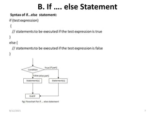 B. If …. else Statement
Syntax of if...else statement:
if (testexpression)
{
// statementsto be executed if the test expression is true
}
else {
// statementsto be executed if the test expression is false
}
8/12/2021 7
 
