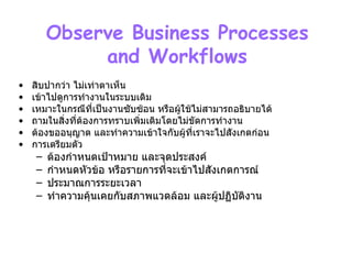 บทที่  3 Phase 2 :Systems Analysis – Determining Requirement   Observe Business Processes  and Workflows  สิบปากว่า ไม่เท่าตาเห็น เข้าไปดูการทำงานในระบบเดิม เหมาะในกรณีที่เป็นงานซับซ้อน หรือผู้ใช้ไม่สามารถอธิบายได้ ถามในสิ่งที่ต้องการทราบเพิ่มเติมโดยไม่ขัดการทำงาน ต้องขออนุญาต และทำความเข้าใจกับผู้ที่เราจะไปสังเกตก่อน การเตรียมตัว ต้องกำหนดเป้าหมาย และจุดประสงค์ กำหนดหัวข้อ หรือรายการที่จะเข้าไปสังเกตการณ์ ประมาณการระยะเวลา ทำความคุ้นเคยกับสภาพแวดล้อม และผู้ปฏิบัติงาน 