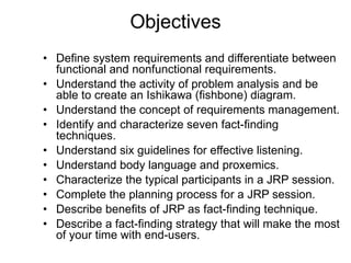 Objectives Define system requirements and differentiate between functional and nonfunctional requirements.  Understand the activity of problem analysis and be able to create an Ishikawa (fishbone) diagram.  Understand the concept of requirements management.  Identify and characterize seven fact-finding techniques. Understand six guidelines for effective listening.  Understand body language and proxemics.  Characterize the typical participants in a JRP session.  Complete the planning process for a JRP session.  Describe benefits of JRP as fact-finding technique.  Describe a fact-finding strategy that will make the most of your time with end-users.  