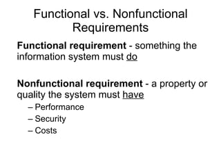 Functional vs. Nonfunctional Requirements Functional requirement  - something the information system must  do Nonfunctional requirement  - a property or quality the system must  have Performance Security Costs 