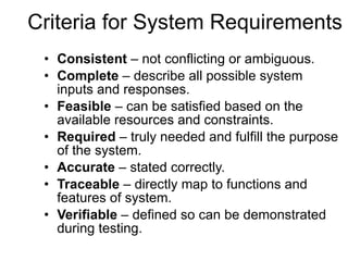 Criteria for System Requirements Consistent  – not conflicting or ambiguous. Complete  – describe all possible system inputs and responses. Feasible  – can be satisfied based on the available resources and constraints. Required  – truly needed and fulfill the purpose of the system. Accurate  – stated correctly. Traceable  – directly map to functions and features of system. Verifiable  – defined so can be demonstrated during testing. 