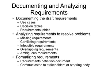 Documenting and Analyzing Requirements Documenting the draft requirements Use cases Decision tables Requirements tables Analyzing requirements to resolve problems Missing requirements Conflicting requirements Infeasible requirements Overlapping requirements Ambiguous requirements Formalizing requirements Requirements definition document Communicated to stakeholders or steering body 