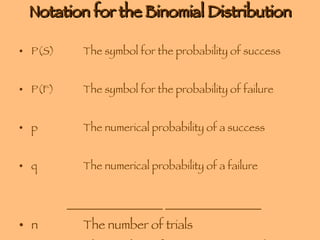 Notation for the Binomial Distribution P(S) The symbol for the probability of success P(F) The symbol for the probability of failure p The numerical probability of a success q The numerical probability of a failure __________________ __________________ n The number of trials X The number of successes in n trials 