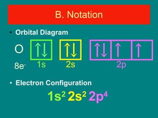 Orbital Diagram B. Notation O 8e - Electron Configuration 1s 2  2s 2   2p 4 1s 2s 2p 